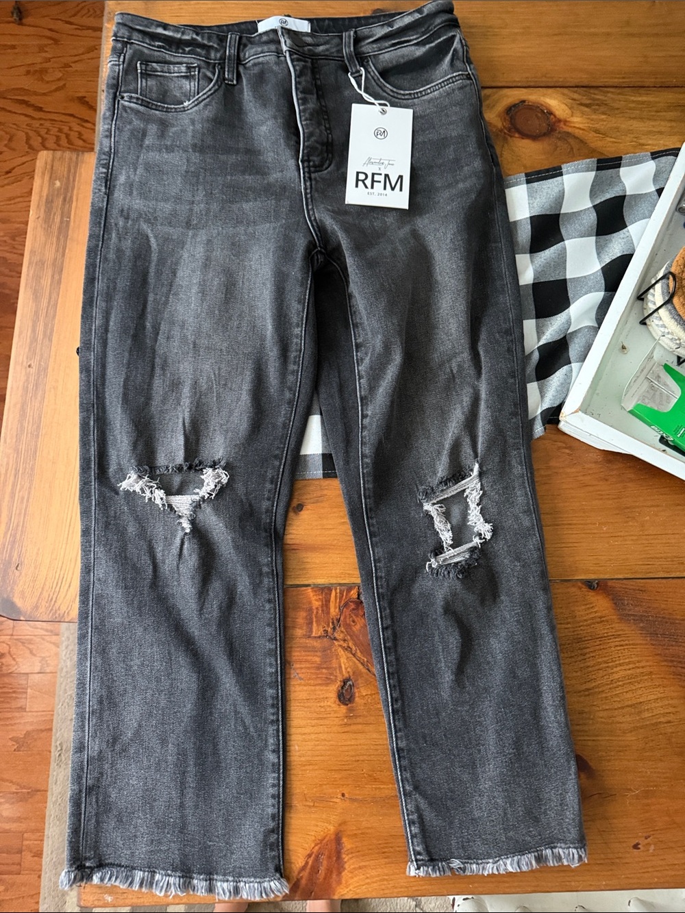RFM Distressed Black Jeans with Frayed Hem